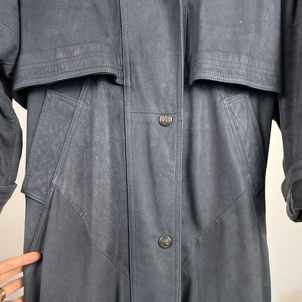 Vintage Genuine Leather Trench Coat, Slate-Gray-Blue - Picture 15 of 16